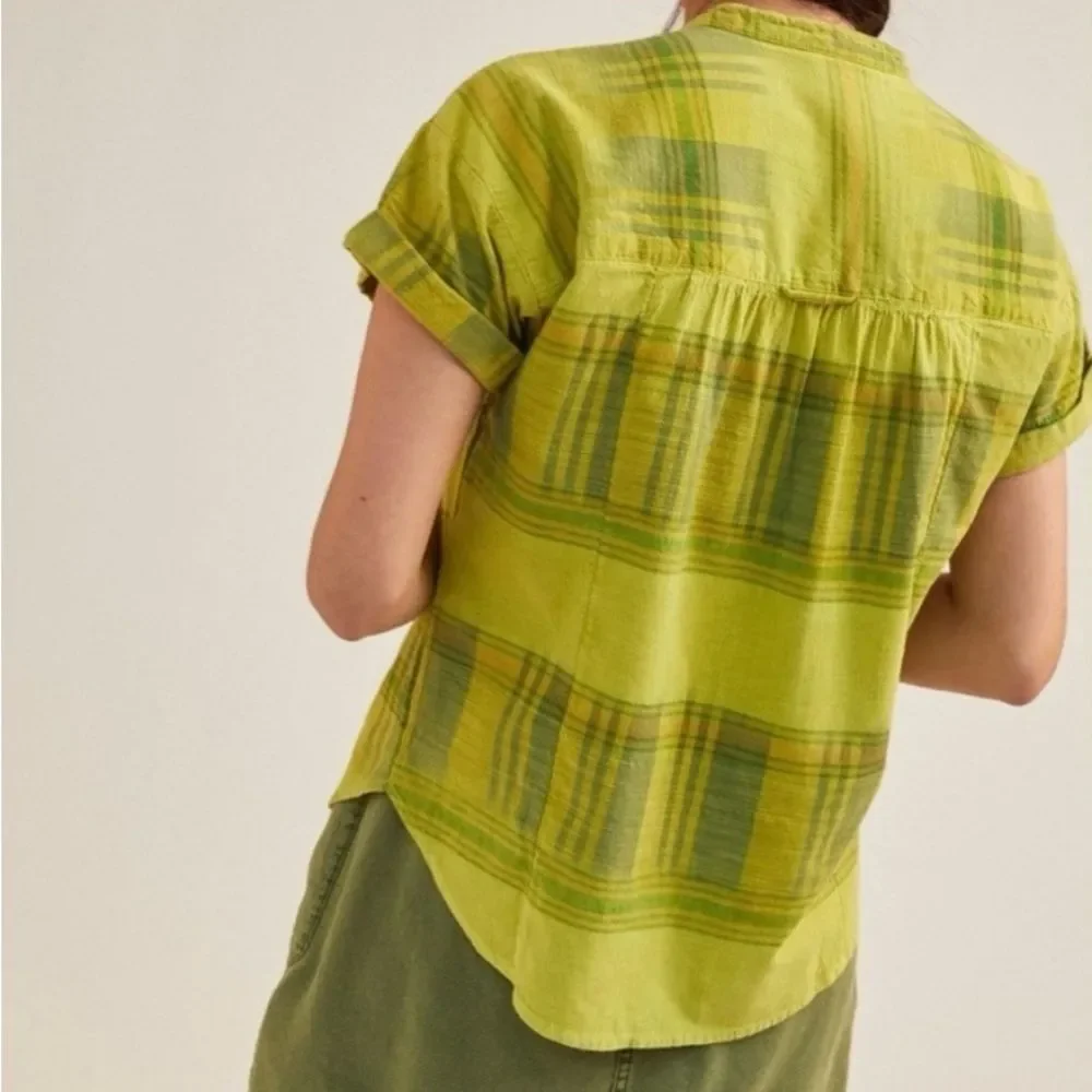 Anthropologie Pilcro The Hannah Green Plaid Surf Shirt Beach Boho Size M
